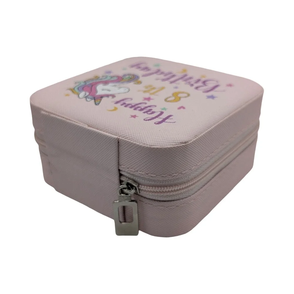 Happy 8th Birthday Unicorn Jewelry Box–Pink Travel Jewelry Organizer with Mirror
